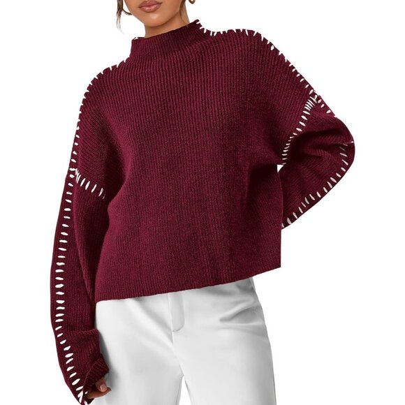 Prettygarden Women's Red Fall Long Sleeve Mock Neck Oversized Chunky Sweaters - Picture 1 of 7